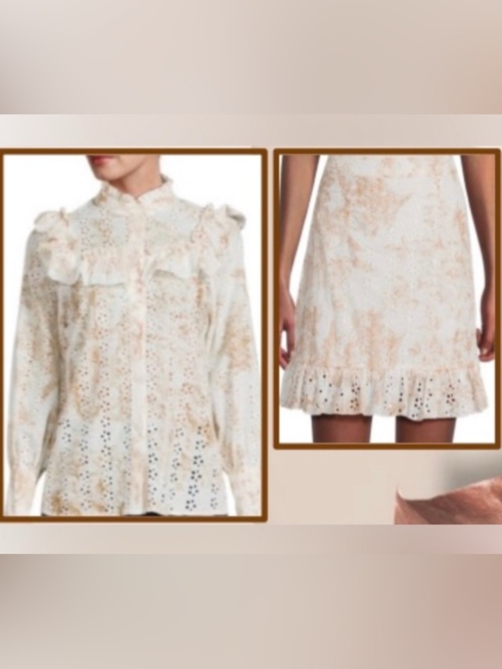 Floral Eyelet Blouse & Coordinating Mini Skirt by 70/21 Sz. M /  color: Natural